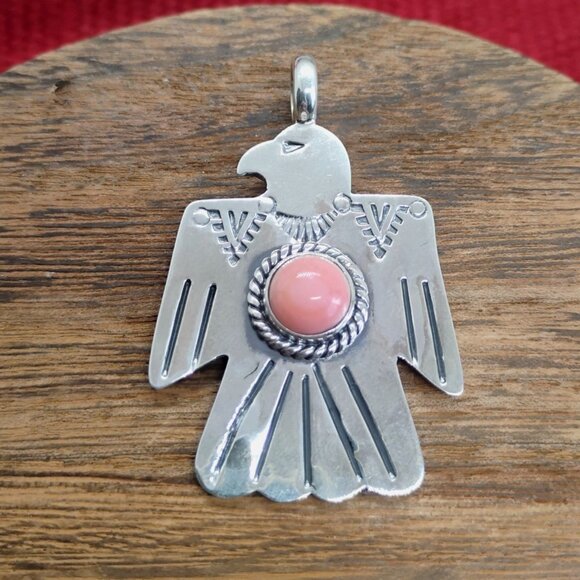 Southwestern Hand Stamped Sterling Silver Thunderbird Pendant Pink Conch Shell - Picture 1 of 7